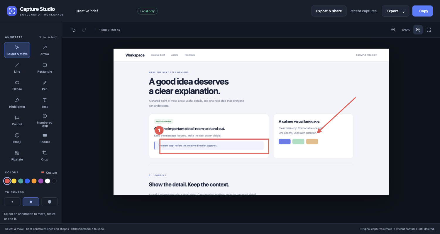 Complete Screenshot Studio interface with all example text visible