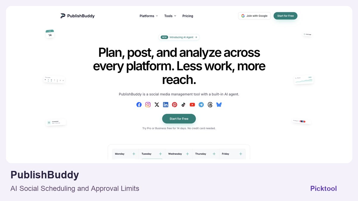 PublishBuddy official homepage screenshot in a Picktool editorial cover