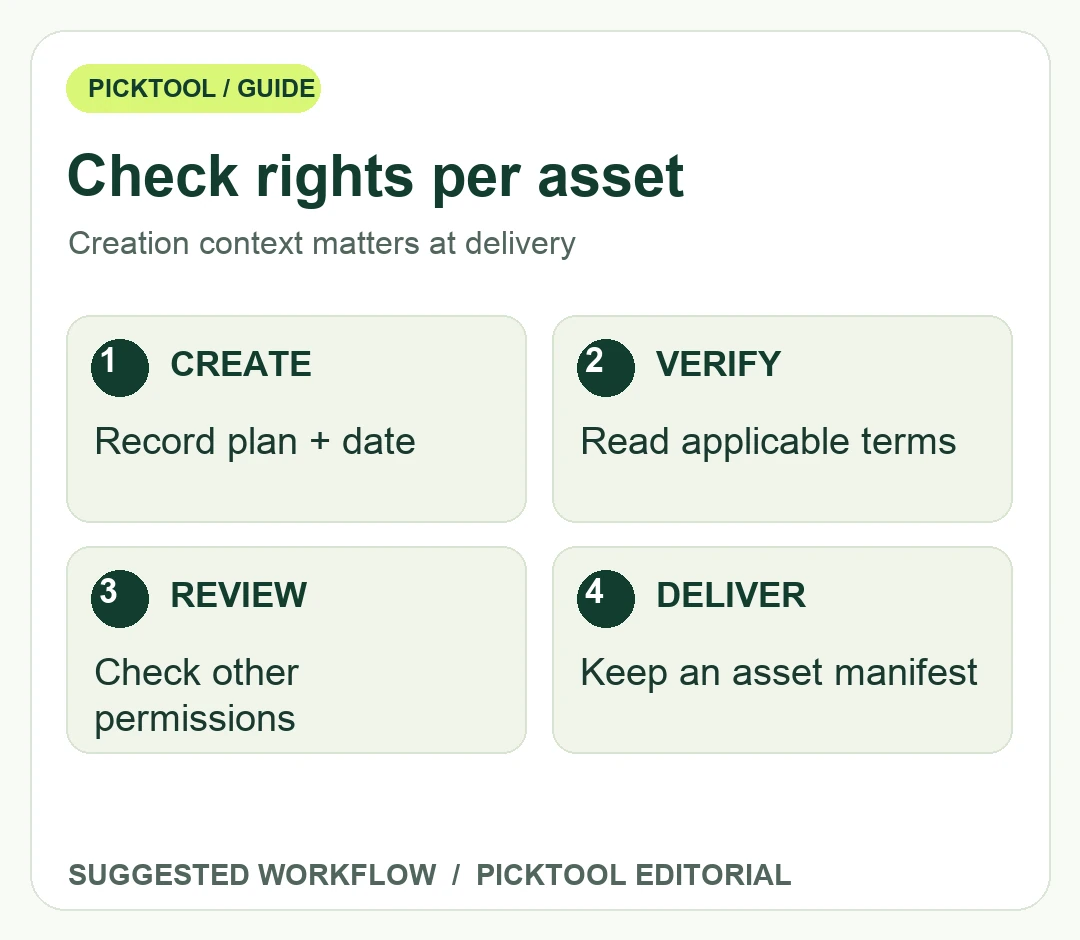 Commercial-image checklist recording creation plan and date, applicable terms, other permissions and delivery records.