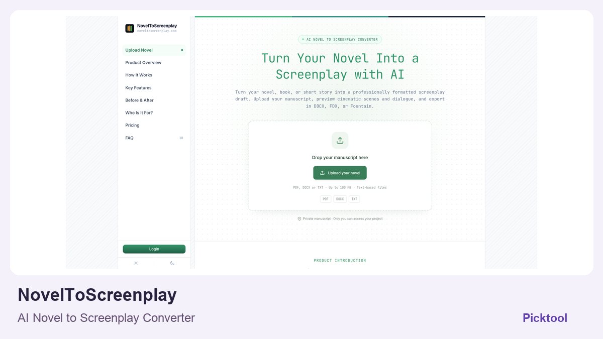 NovelToScreenplay official homepage screenshot in a Picktool editorial cover