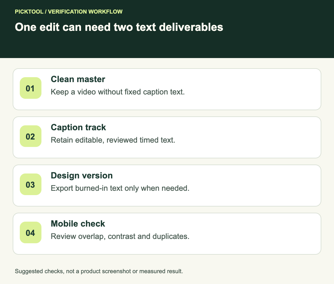 Shorts workflow showing a clean master, selectable caption track, burned-in version and combined mobile playback check.