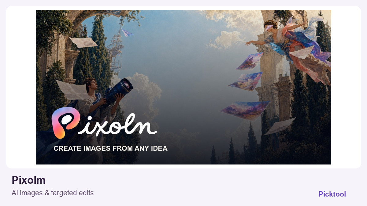Pixolm official website imagery in a Picktool tool spotlight layout
