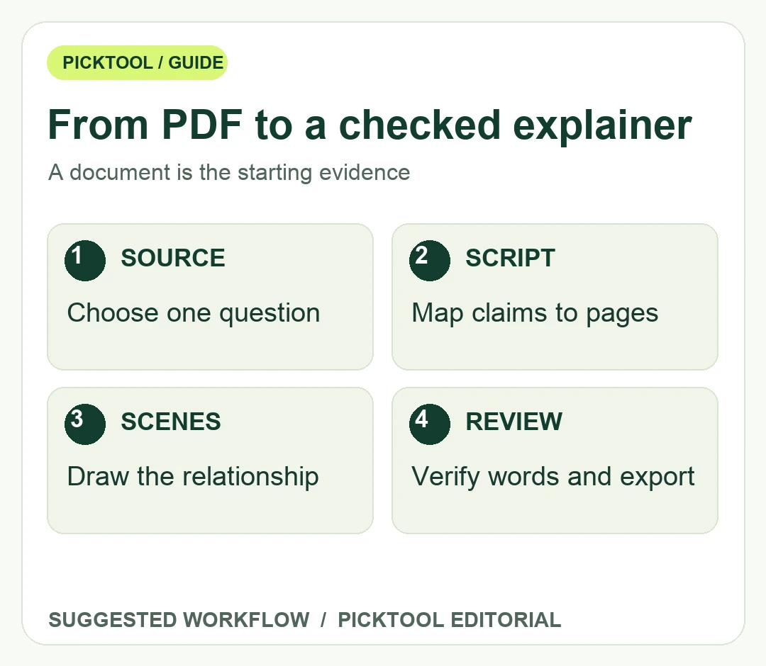 PDF explainer planning map showing source selection, checked script, scene design and final review.