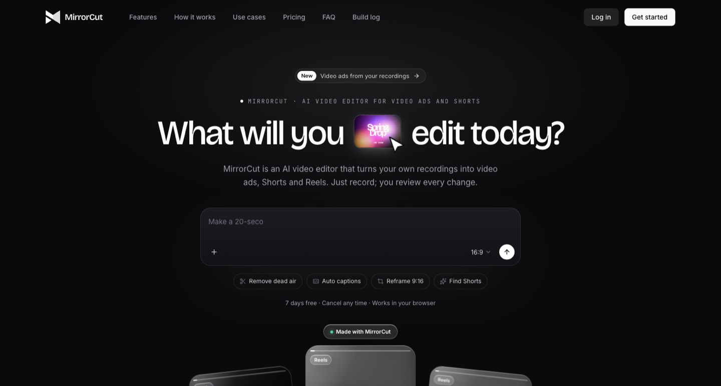 MirrorCut official homepage screenshot, captured by Picktool on 27 October 2026