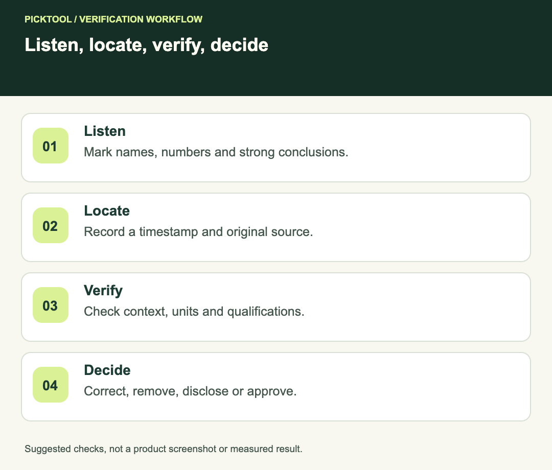Audio Overview fact-checking workflow using timestamps, original source evidence and explicit correction decisions.