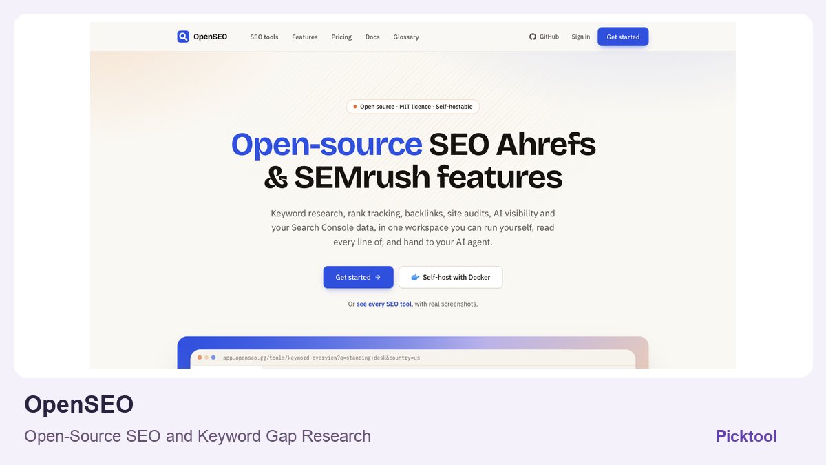OpenSEO official homepage screenshot in a Picktool editorial cover