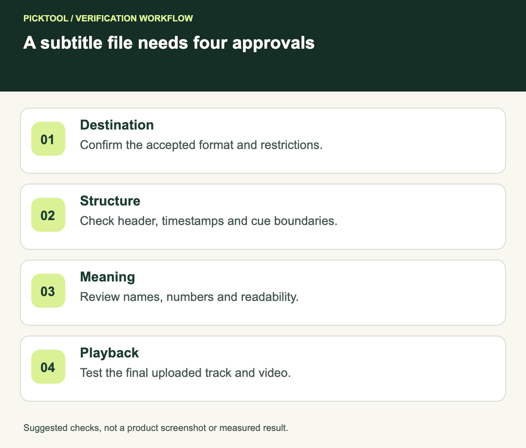 Subtitle delivery checks for destination support, valid structure, accurate wording and synchronized playback.