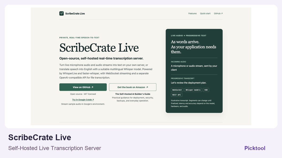 ScribeCrate Live official homepage screenshot in a Picktool editorial cover