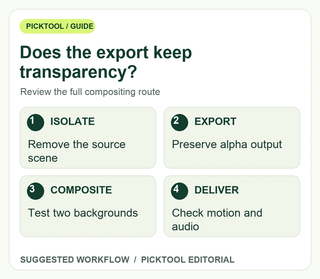 Transparent-video acceptance workflow from background removal to alpha export, contrasting composites and audio review.