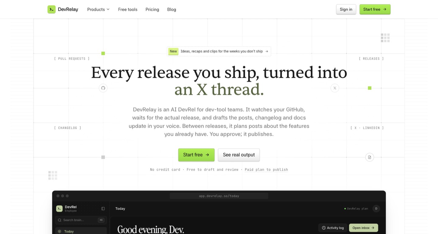 DevRelay official homepage screenshot, captured by Picktool on 27 October 2026