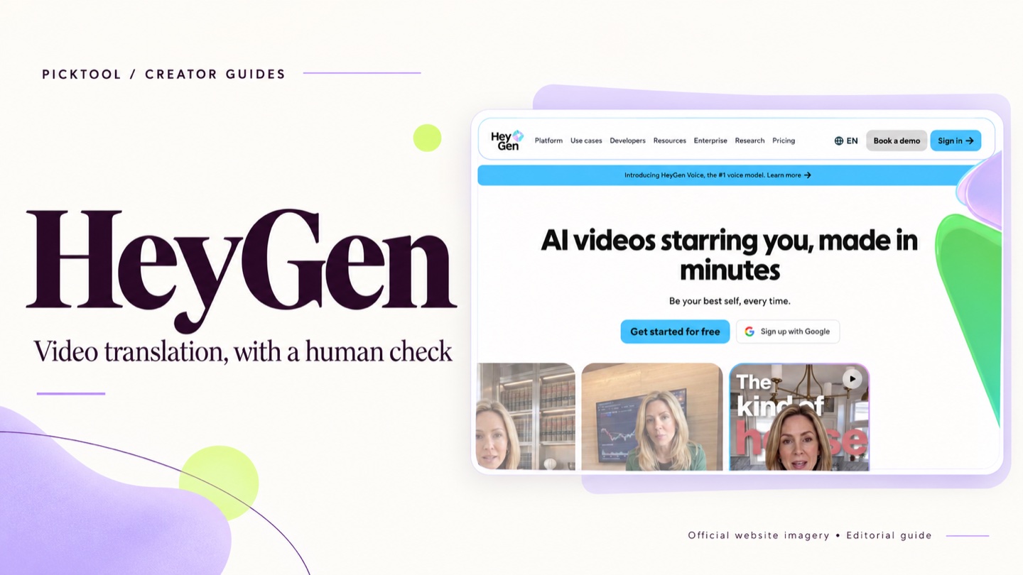 Picktool editorial guide to HeyGen, using imagery from the official product website.