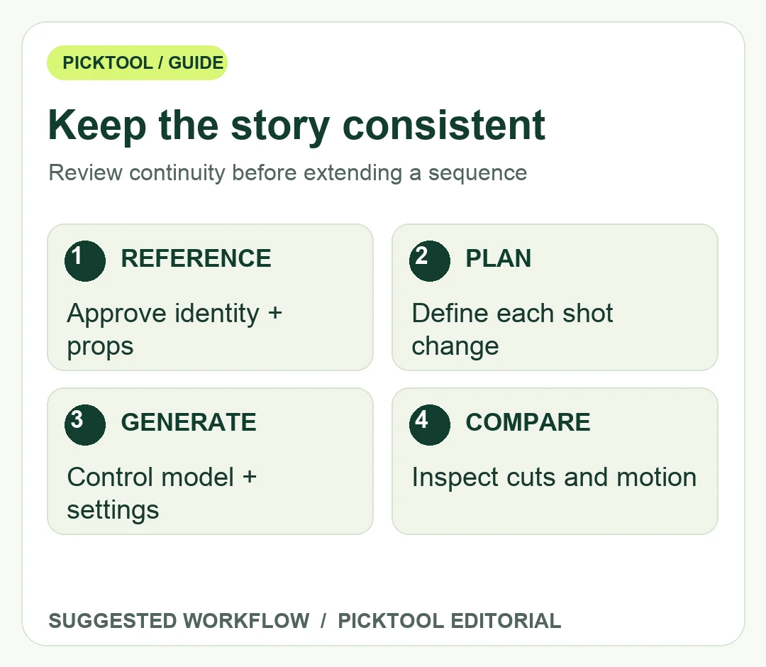 AI video continuity checklist connecting approved character references, shot plans, controlled generation and motion review.