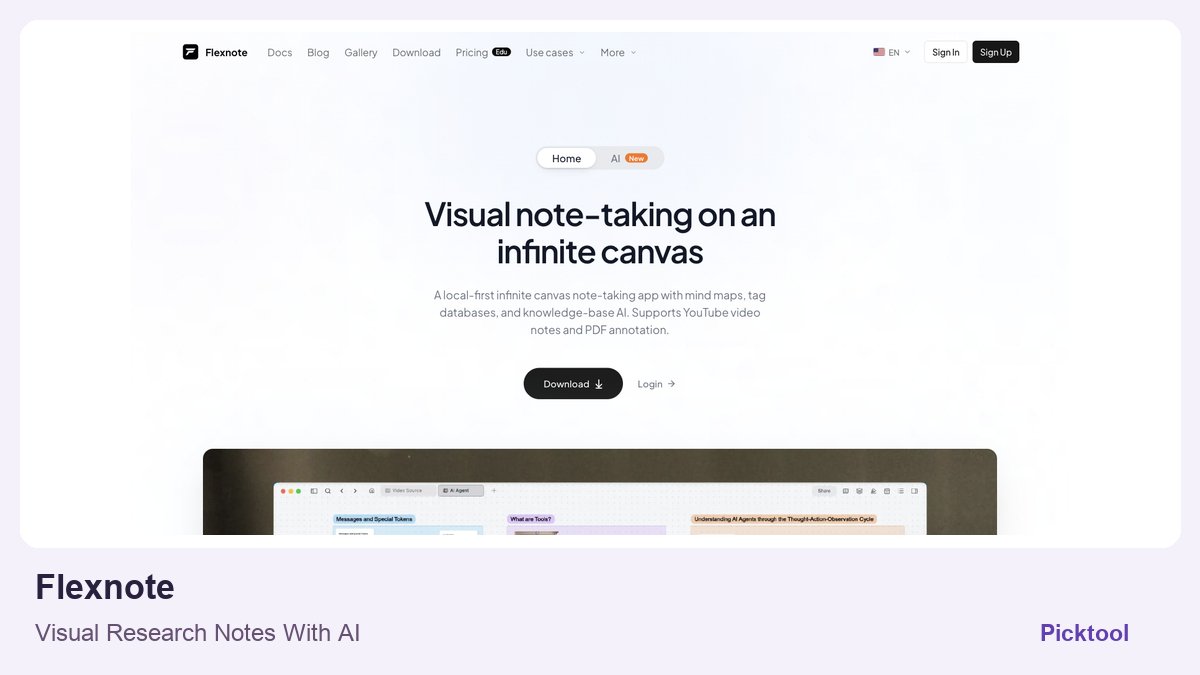 Flexnote official homepage screenshot in a Picktool editorial cover