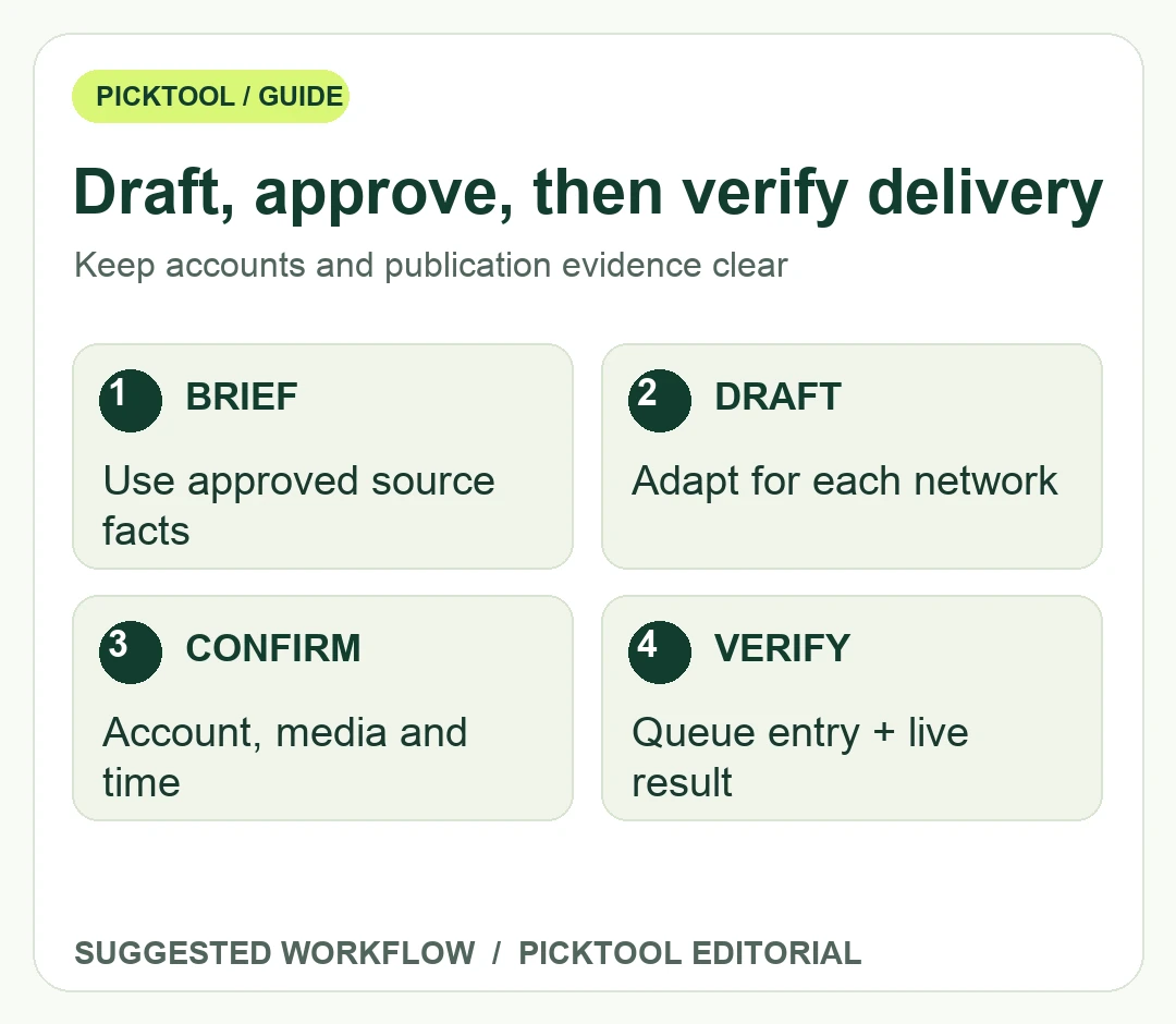 Social publishing approval workflow from source brief and network drafts through action confirmation and verified delivery.