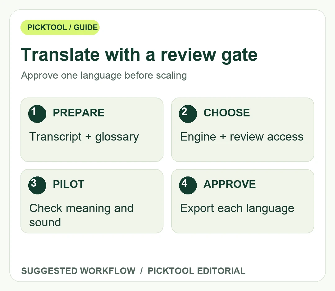 Video translation review process showing a source glossary, engine selection, one-language pilot and approved exports.