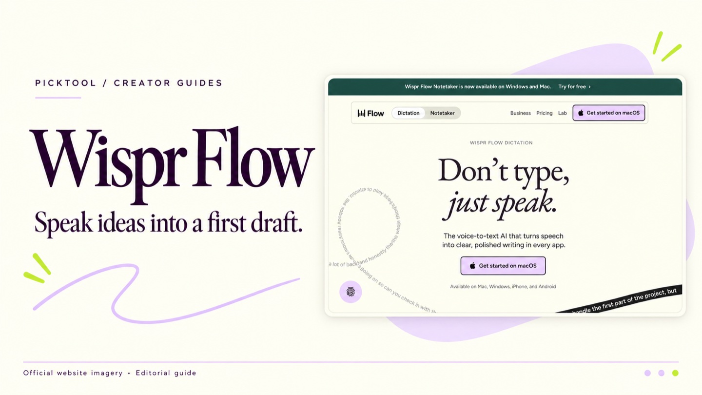Picktool editorial guide to Wispr Flow, using imagery from the official product website.