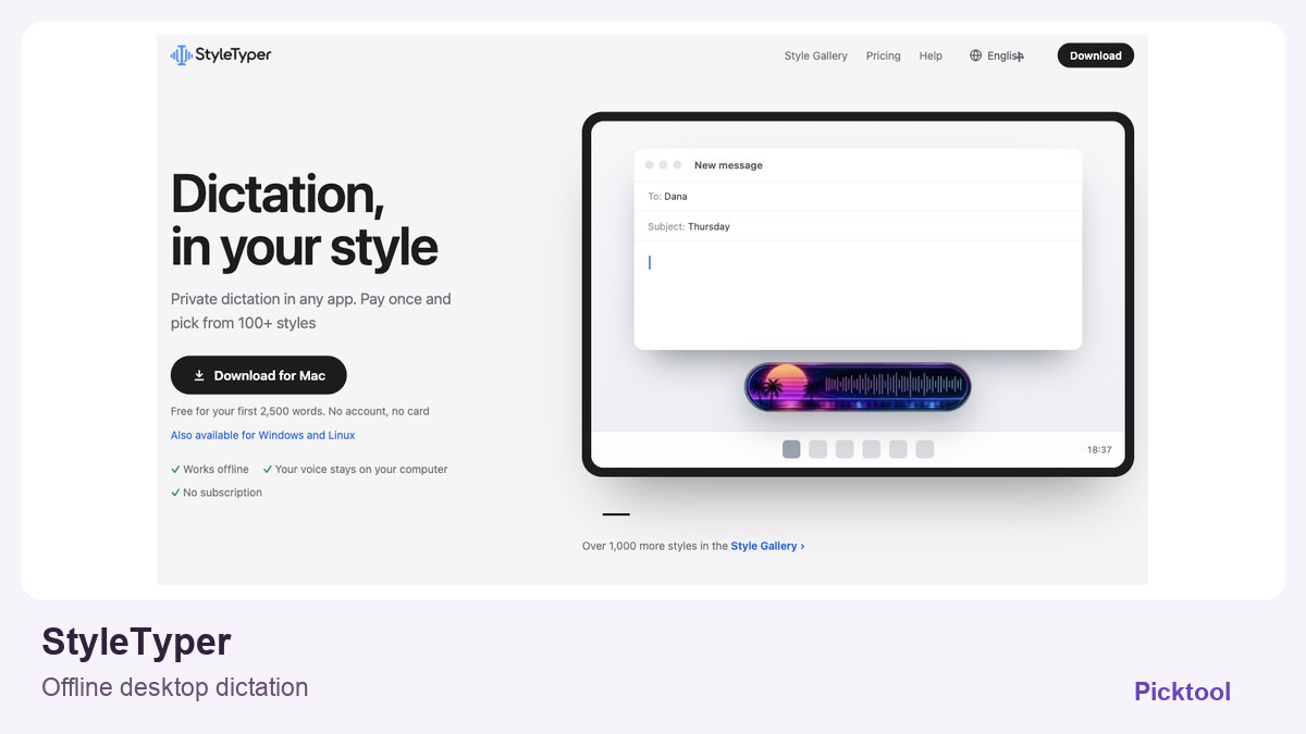 StyleTyper official website imagery in a Picktool tool spotlight layout