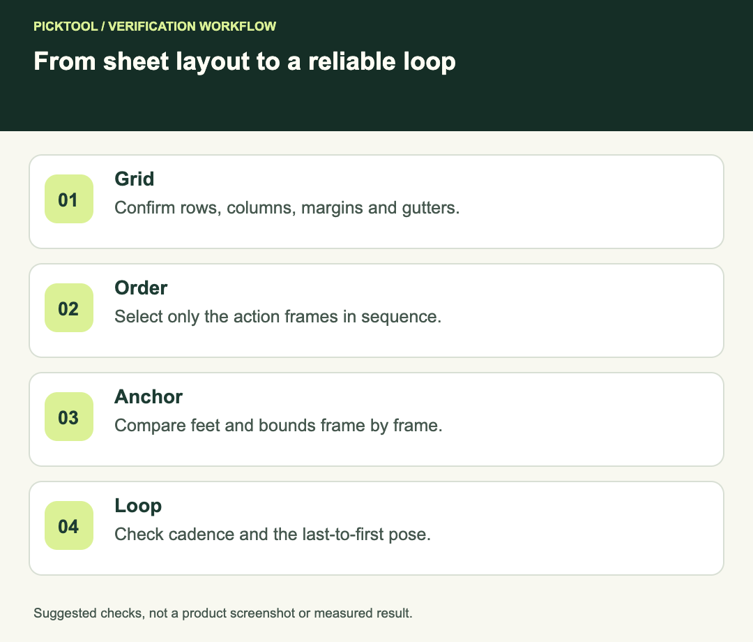 Godot sprite workflow checking grid boundaries, frame order, a stable foot anchor and the loop boundary.