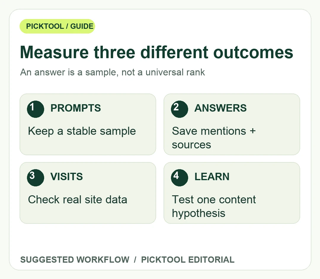 AI visibility measurement framework separating a stable prompt sample, saved answers and citations, website visits and content hypotheses.