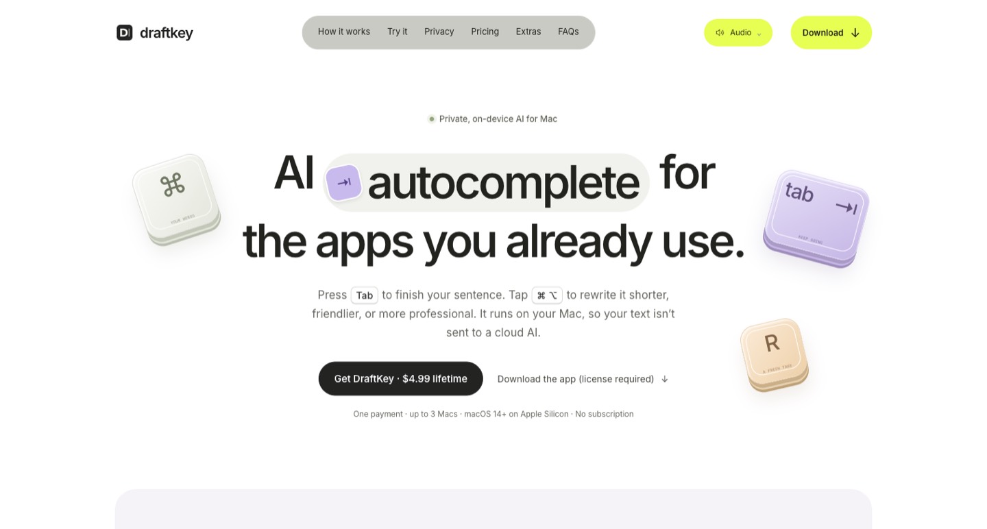 DraftKey official homepage screenshot, captured by Picktool on 27 October 2026
