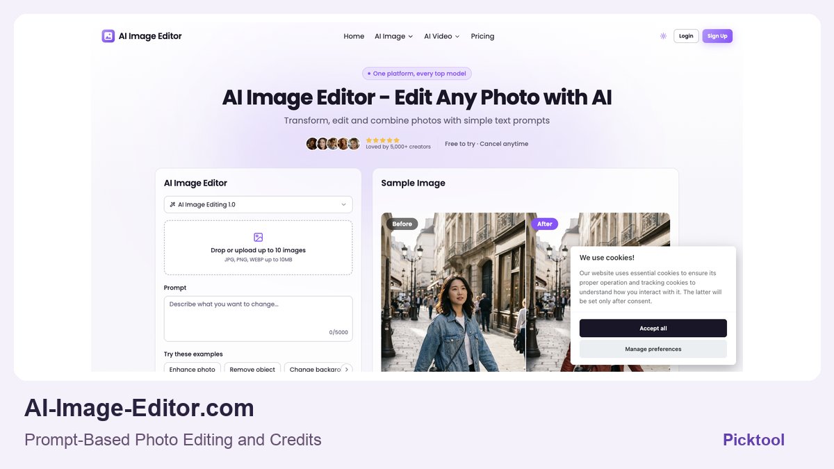 AI-Image-Editor.com official homepage screenshot in a Picktool editorial cover