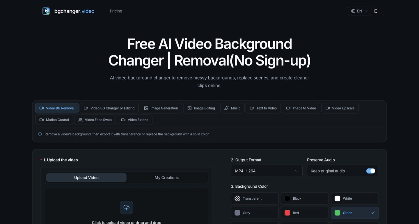 bgchanger.video official homepage screenshot, captured by Picktool on 27 October 2026