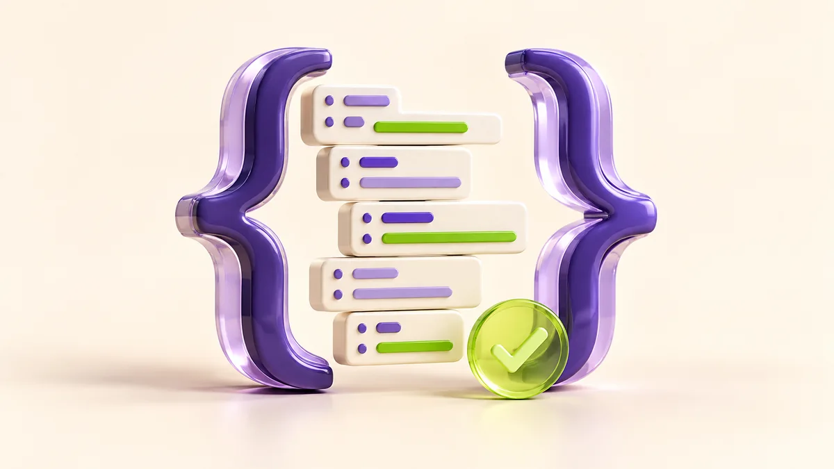 Conceptual JSON formatting illustration with violet braces and structured code tiles